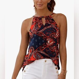 Lascana Red & Navy Stretch Knit Sleeveless Keyhole Detail Paisley Top! Size S.
